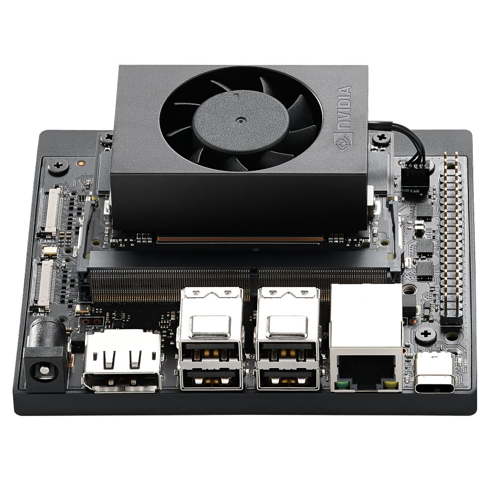 NVIDIA Jetson Orin Nano developer kit — a compact black board with a cooling fan on top, USB ports, HDMI and Ethernet up front