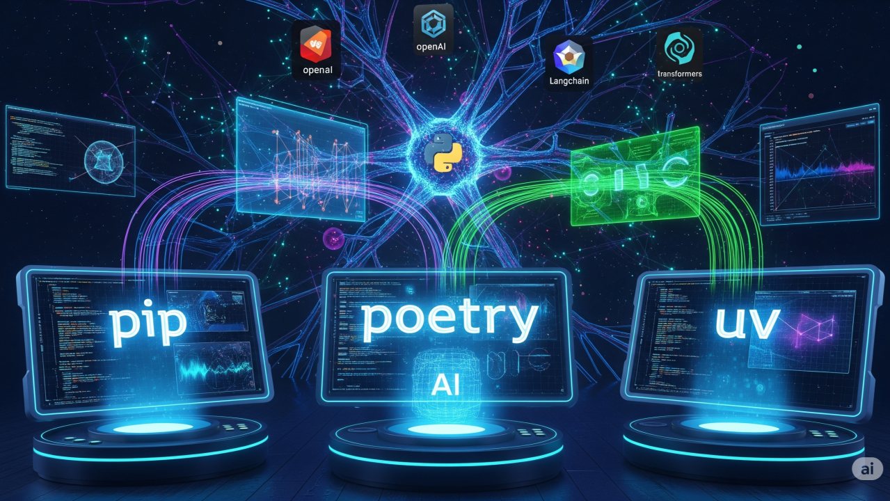 Illustration of pip, poetry and uv as three glowing terminals wired into the Python ecosystem
