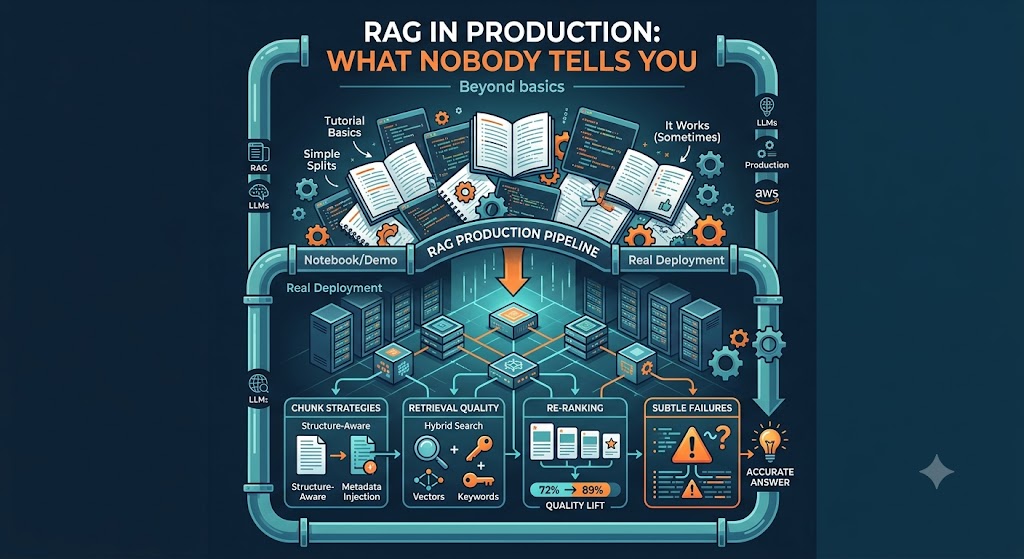 Illustration of a RAG production pipeline — from notebook demos through chunking, retrieval quality and re-ranking to accurate answers